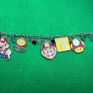 Super Mario Charm Bracelet, Silver, Adjustable Clasp, 10” Length